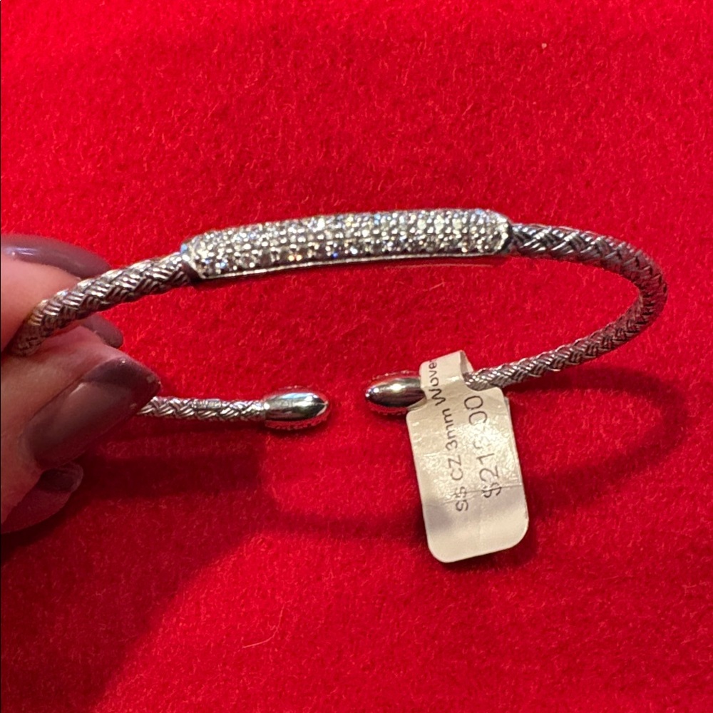 Elegant Sterling Silver Woven Cuff Bracelet With Crystals